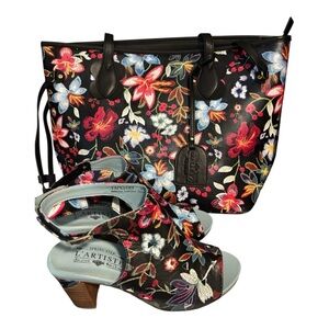 L'Artiste Black Floral Women's Tote Bag and matching shoes